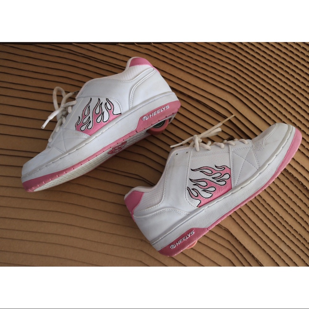 White Leather with Pink Flame Authentic Heelys
